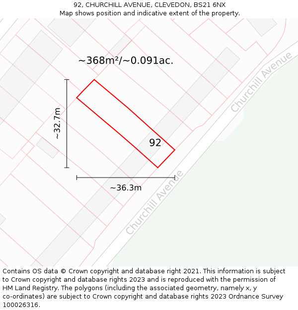 92, CHURCHILL AVENUE, CLEVEDON, BS21 6NX: Plot and title map