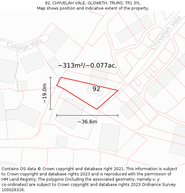 92, CHYVELAH VALE, GLOWETH, TRURO, TR1 3YL: Plot and title map