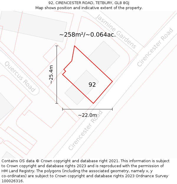 92, CIRENCESTER ROAD, TETBURY, GL8 8GJ: Plot and title map