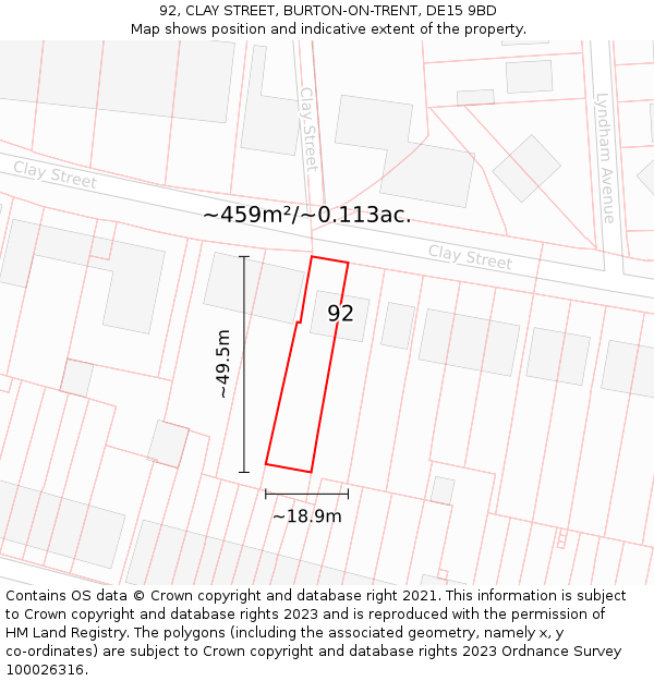 92, CLAY STREET, BURTON-ON-TRENT, DE15 9BD: Plot and title map