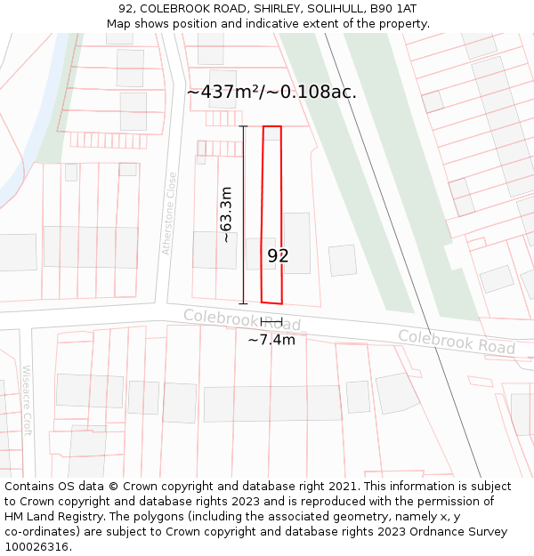 92, COLEBROOK ROAD, SHIRLEY, SOLIHULL, B90 1AT: Plot and title map