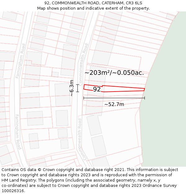 92, COMMONWEALTH ROAD, CATERHAM, CR3 6LS: Plot and title map