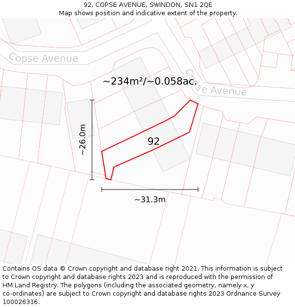 92, COPSE AVENUE, SWINDON, SN1 2QE: Plot and title map