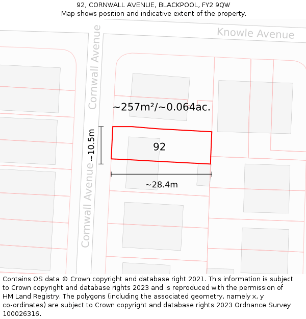 92, CORNWALL AVENUE, BLACKPOOL, FY2 9QW: Plot and title map