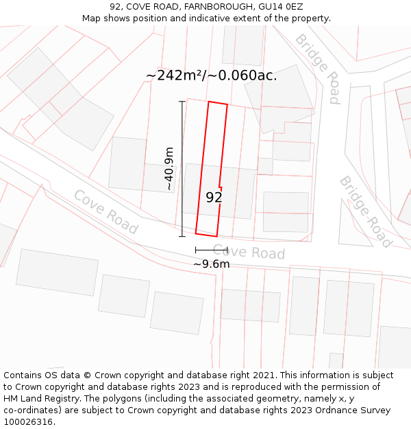 92, COVE ROAD, FARNBOROUGH, GU14 0EZ: Plot and title map