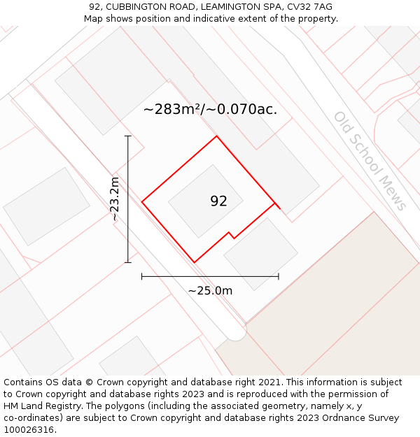 92, CUBBINGTON ROAD, LEAMINGTON SPA, CV32 7AG: Plot and title map