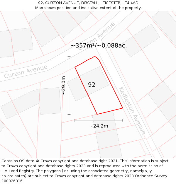 92, CURZON AVENUE, BIRSTALL, LEICESTER, LE4 4AD: Plot and title map