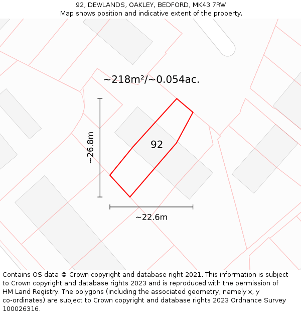 92, DEWLANDS, OAKLEY, BEDFORD, MK43 7RW: Plot and title map