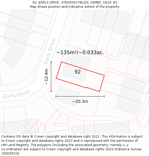 92, EARLS DRIVE, STENSON FIELDS, DERBY, DE24 3FJ: Plot and title map