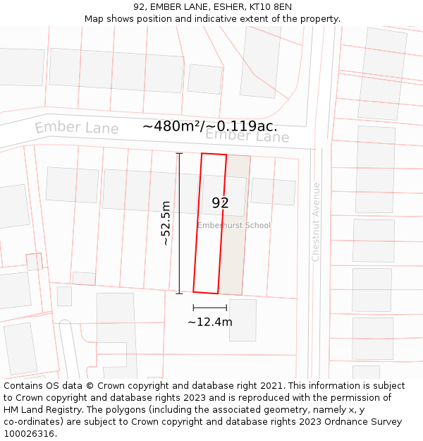 92, EMBER LANE, ESHER, KT10 8EN: Plot and title map