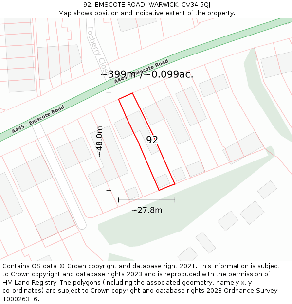 92, EMSCOTE ROAD, WARWICK, CV34 5QJ: Plot and title map