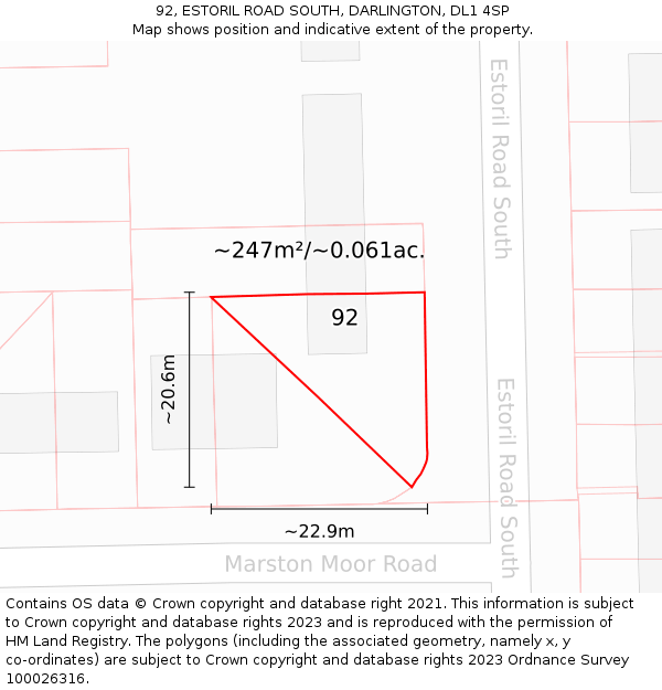 92, ESTORIL ROAD SOUTH, DARLINGTON, DL1 4SP: Plot and title map