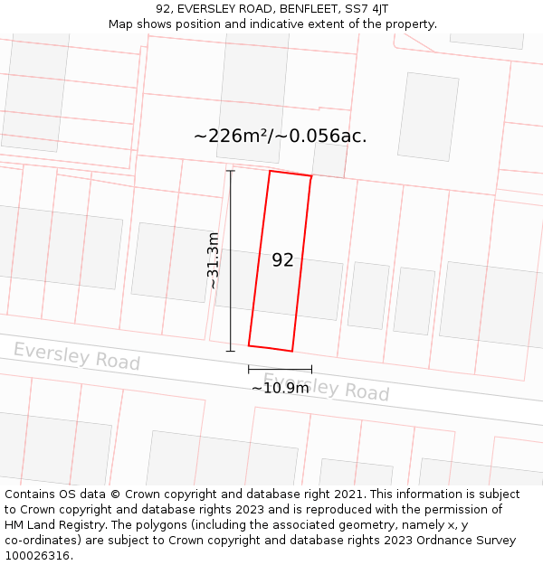 92, EVERSLEY ROAD, BENFLEET, SS7 4JT: Plot and title map