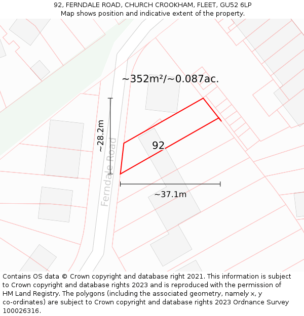 92, FERNDALE ROAD, CHURCH CROOKHAM, FLEET, GU52 6LP: Plot and title map