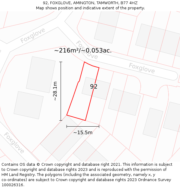 92, FOXGLOVE, AMINGTON, TAMWORTH, B77 4HZ: Plot and title map