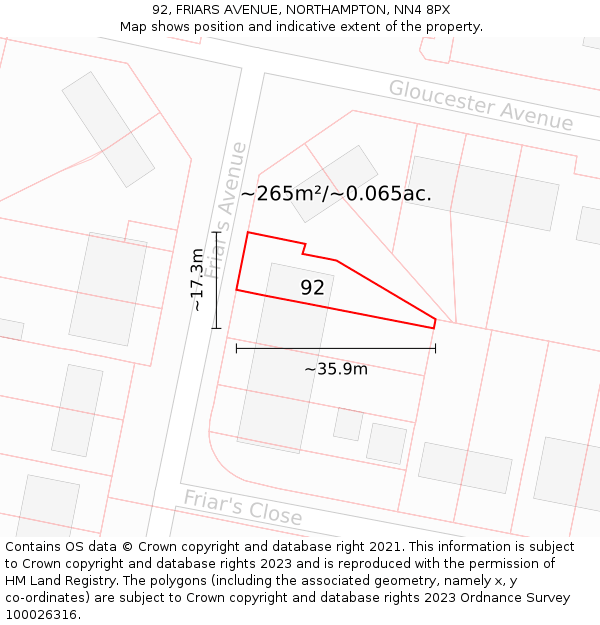 92, FRIARS AVENUE, NORTHAMPTON, NN4 8PX: Plot and title map