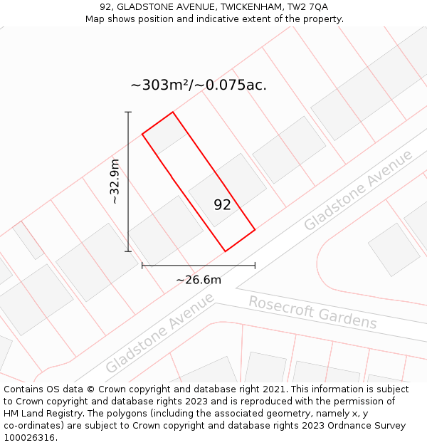 92, GLADSTONE AVENUE, TWICKENHAM, TW2 7QA: Plot and title map