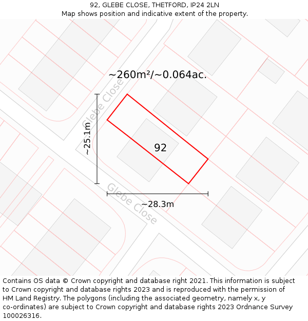 92, GLEBE CLOSE, THETFORD, IP24 2LN: Plot and title map