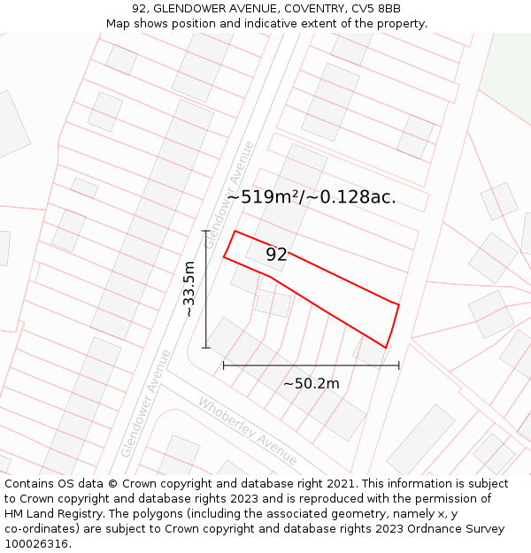 92, GLENDOWER AVENUE, COVENTRY, CV5 8BB: Plot and title map