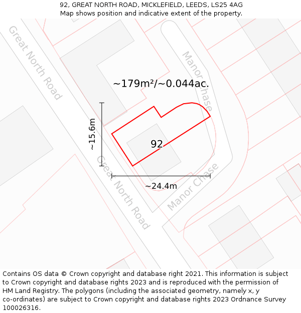 92, GREAT NORTH ROAD, MICKLEFIELD, LEEDS, LS25 4AG: Plot and title map