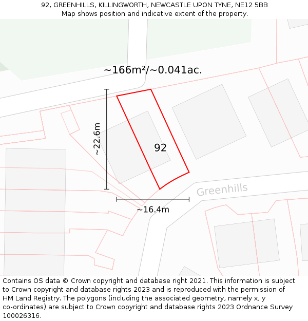 92, GREENHILLS, KILLINGWORTH, NEWCASTLE UPON TYNE, NE12 5BB: Plot and title map