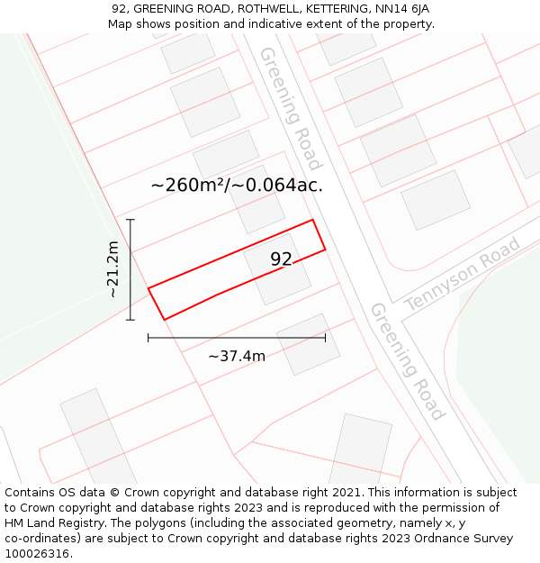 92, GREENING ROAD, ROTHWELL, KETTERING, NN14 6JA: Plot and title map