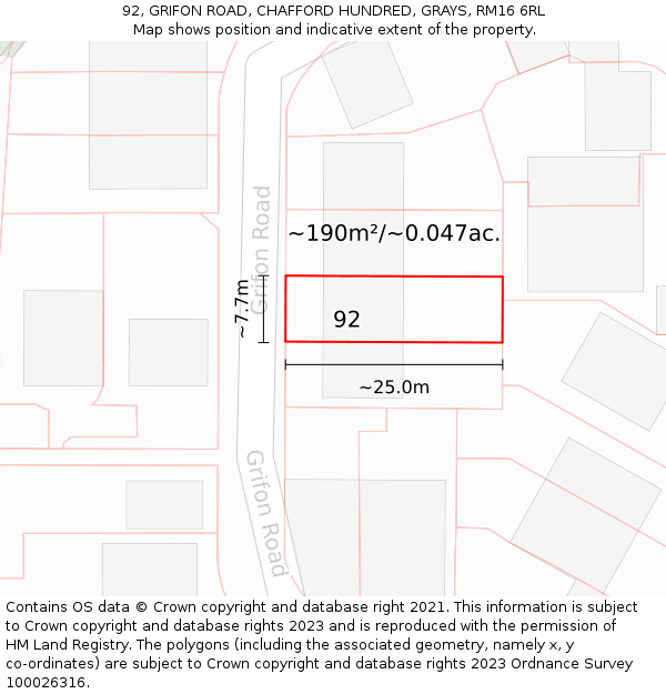 92, GRIFON ROAD, CHAFFORD HUNDRED, GRAYS, RM16 6RL: Plot and title map