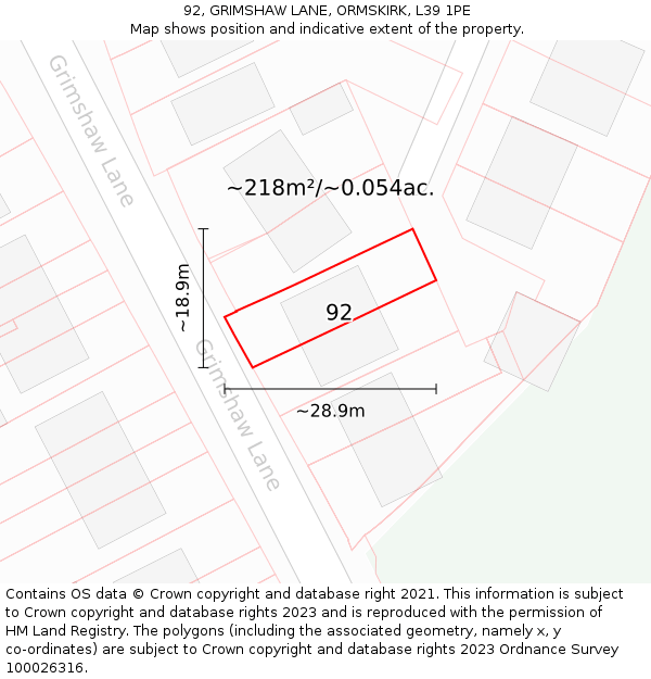 92, GRIMSHAW LANE, ORMSKIRK, L39 1PE: Plot and title map