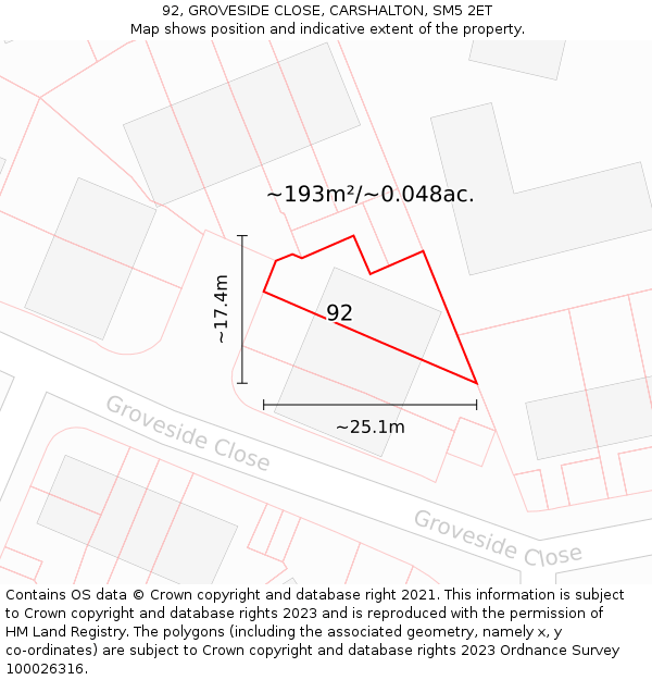 92, GROVESIDE CLOSE, CARSHALTON, SM5 2ET: Plot and title map