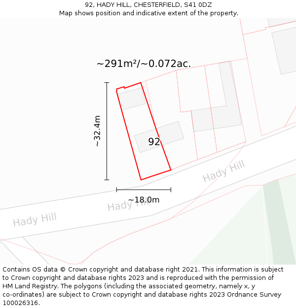 92, HADY HILL, CHESTERFIELD, S41 0DZ: Plot and title map