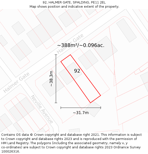 92, HALMER GATE, SPALDING, PE11 2EL: Plot and title map