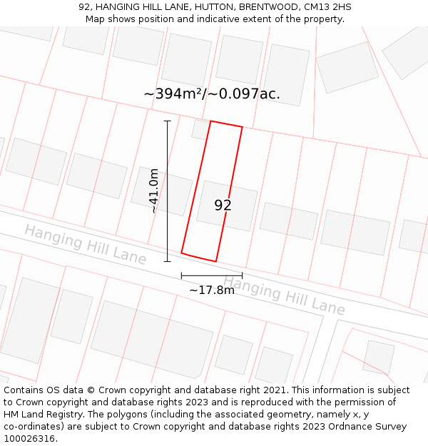 92, HANGING HILL LANE, HUTTON, BRENTWOOD, CM13 2HS: Plot and title map