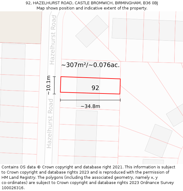 92, HAZELHURST ROAD, CASTLE BROMWICH, BIRMINGHAM, B36 0BJ: Plot and title map