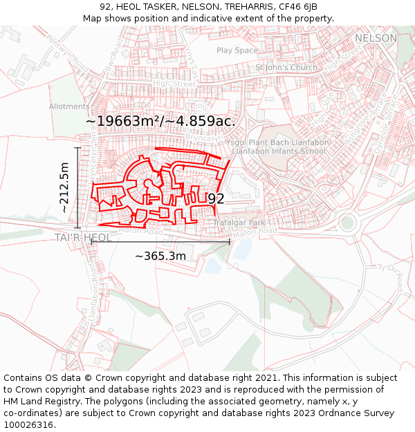 92, HEOL TASKER, NELSON, TREHARRIS, CF46 6JB: Plot and title map