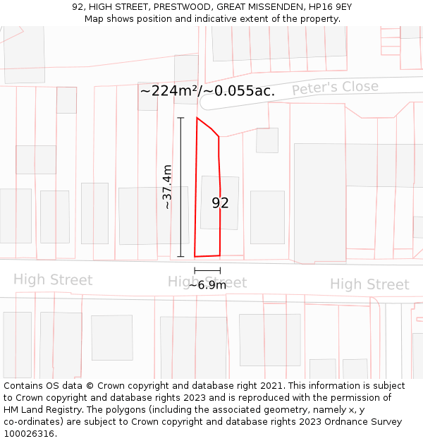 92, HIGH STREET, PRESTWOOD, GREAT MISSENDEN, HP16 9EY: Plot and title map