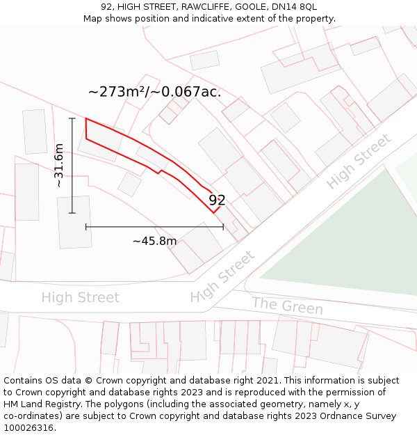 92, HIGH STREET, RAWCLIFFE, GOOLE, DN14 8QL: Plot and title map