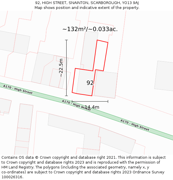 92, HIGH STREET, SNAINTON, SCARBOROUGH, YO13 9AJ: Plot and title map