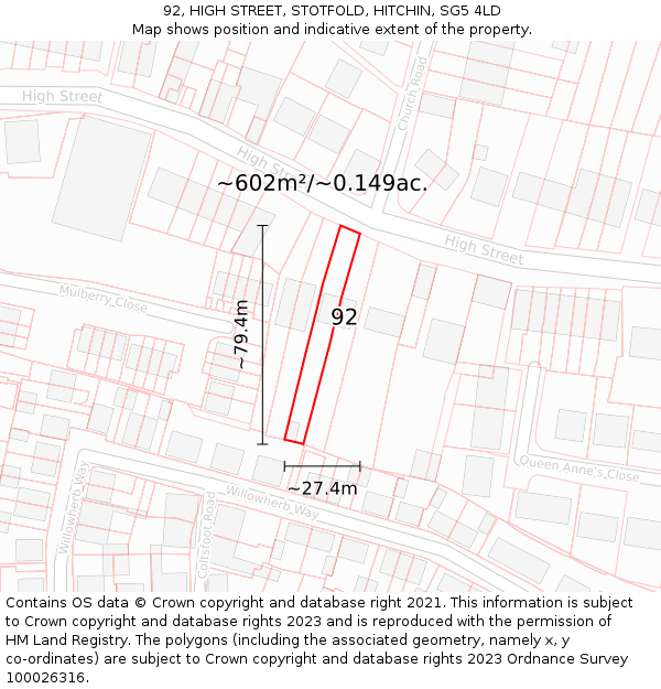 92, HIGH STREET, STOTFOLD, HITCHIN, SG5 4LD: Plot and title map