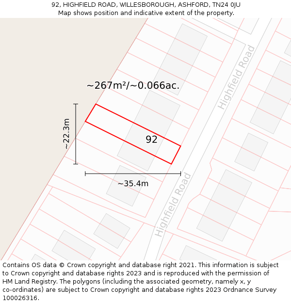 92, HIGHFIELD ROAD, WILLESBOROUGH, ASHFORD, TN24 0JU: Plot and title map