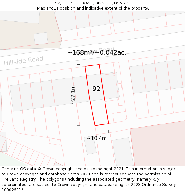 92, HILLSIDE ROAD, BRISTOL, BS5 7PF: Plot and title map