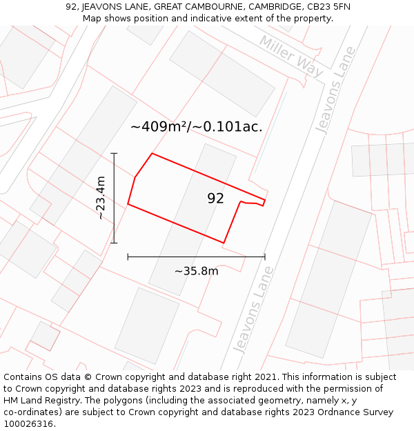 92, JEAVONS LANE, GREAT CAMBOURNE, CAMBRIDGE, CB23 5FN: Plot and title map