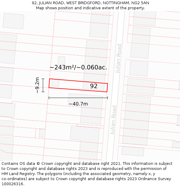 92, JULIAN ROAD, WEST BRIDGFORD, NOTTINGHAM, NG2 5AN: Plot and title map