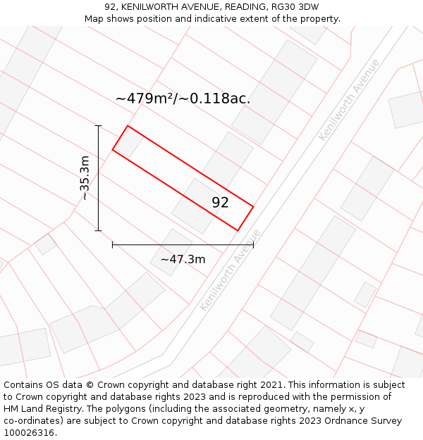 92, KENILWORTH AVENUE, READING, RG30 3DW: Plot and title map