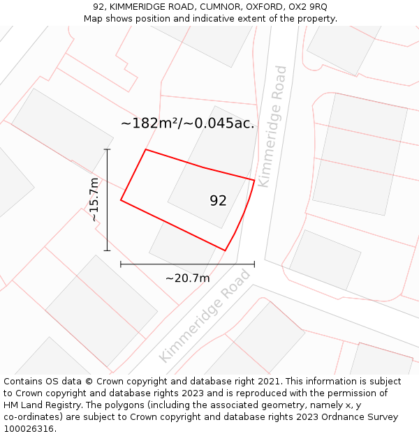 92, KIMMERIDGE ROAD, CUMNOR, OXFORD, OX2 9RQ: Plot and title map