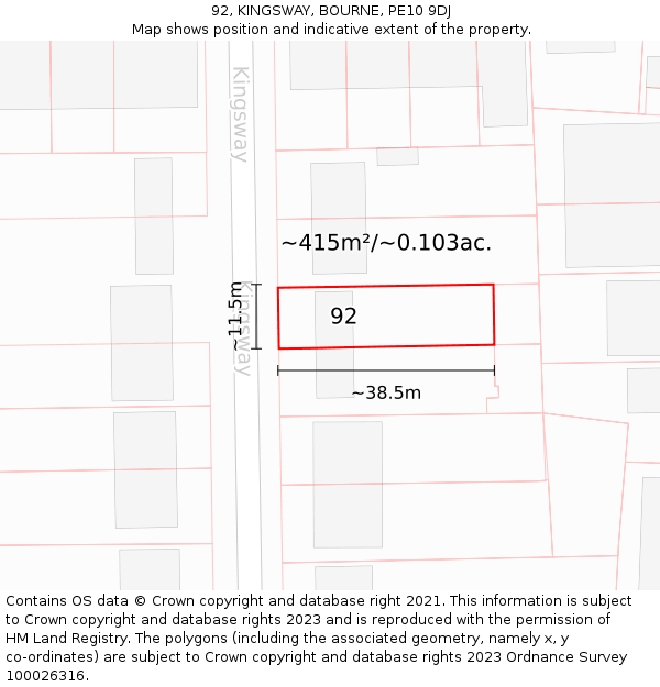 92, KINGSWAY, BOURNE, PE10 9DJ: Plot and title map