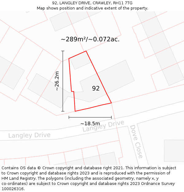 92, LANGLEY DRIVE, CRAWLEY, RH11 7TG: Plot and title map