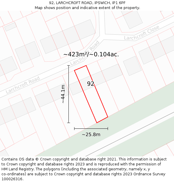 92, LARCHCROFT ROAD, IPSWICH, IP1 6PF: Plot and title map