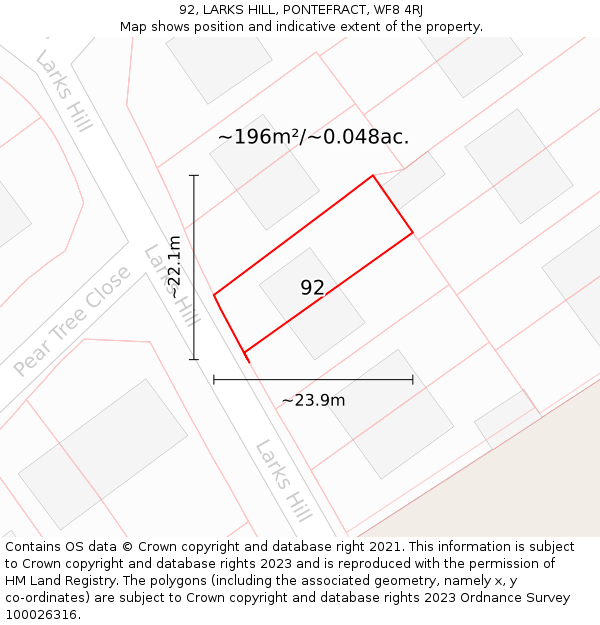 92, LARKS HILL, PONTEFRACT, WF8 4RJ: Plot and title map
