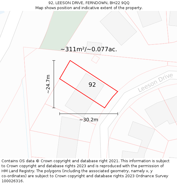 92, LEESON DRIVE, FERNDOWN, BH22 9QQ: Plot and title map