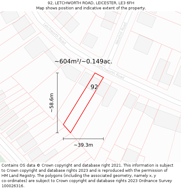 92, LETCHWORTH ROAD, LEICESTER, LE3 6FH: Plot and title map